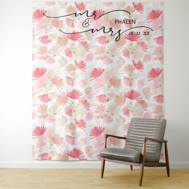Boho Tropical Floral Mr. and Mrs. Wedding Photo Tapestry (In Situ)