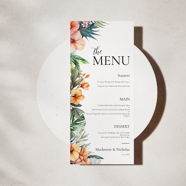 Boho Tropical Floral Wedding Menu (tropical wedding food menu)