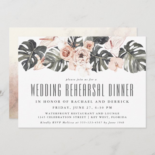 Boho Tropical Floral Wedding Rehearsal Dinner Invitation (Front/Back)