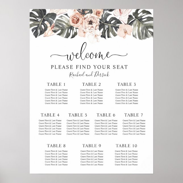Boho Tropical Floral Wedding Seating Chart (Front)