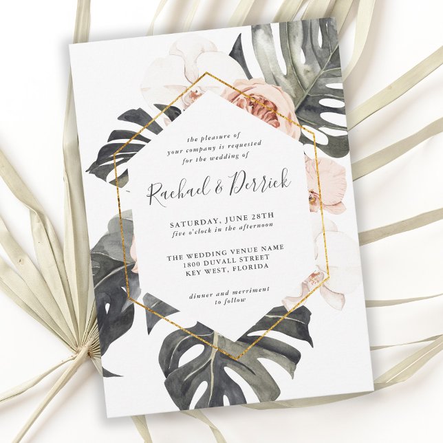 Boho Tropical Floral with Geometric Frame Wedding Invitation (Creator Uploaded)