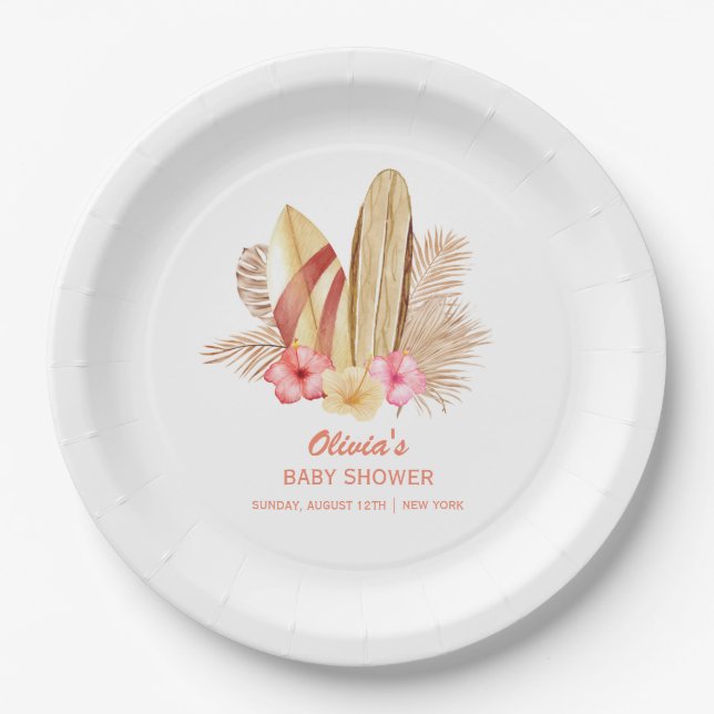 Boho Tropical Flower SurfIng Baby Shower Paper Plate (Front)
