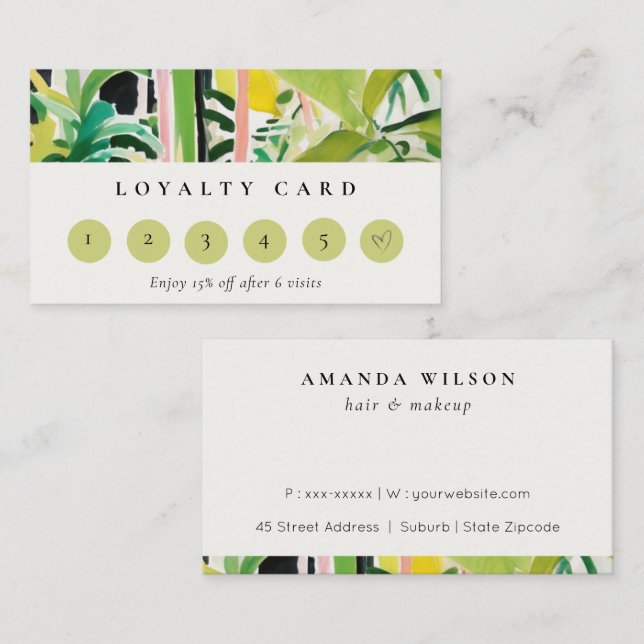 Boho Tropical Foliage Botanical 6 Punch Loyality Business Card (Front/Back)