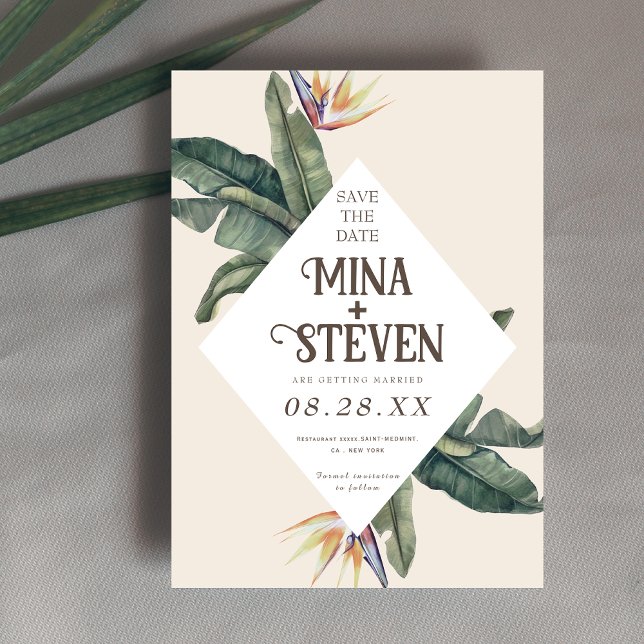 Boho tropical geometric banana leaves wedding  save the date (Creator Uploaded)