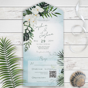 Boho Tropical Greenery Modern Aqua QR Code All In One Invitation