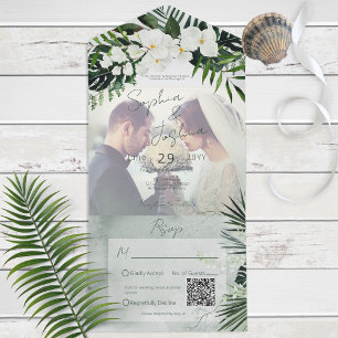 Boho Tropical Greenery Modern Photo QR Code All In One Invitation