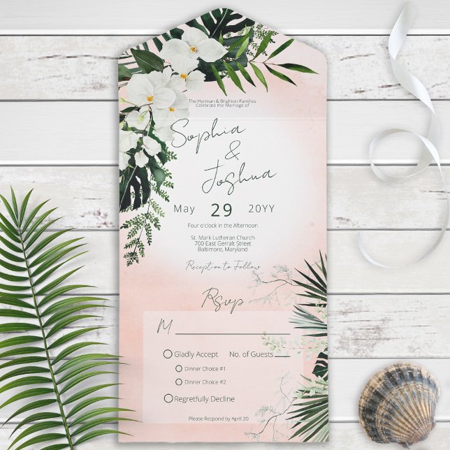 Boho Tropical Greenery Modern Pink Blush Dinner All In One Invitation (Creator Uploaded)