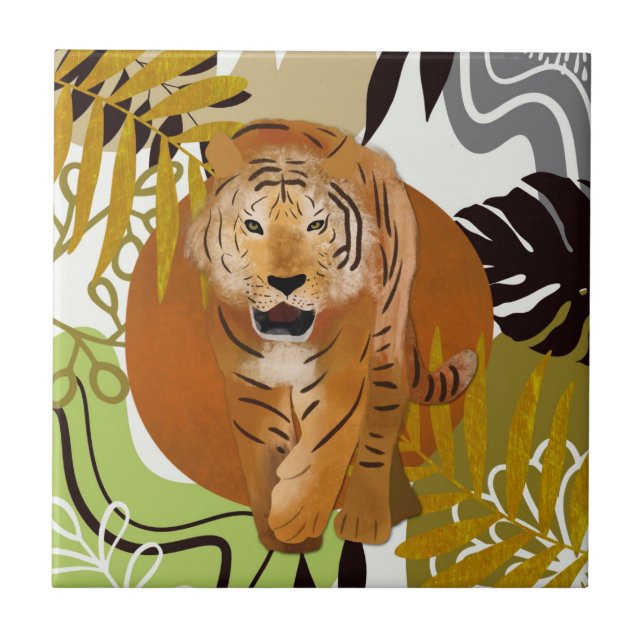 Boho Tropical Jungle Tiger Ceramic Tile (Front)
