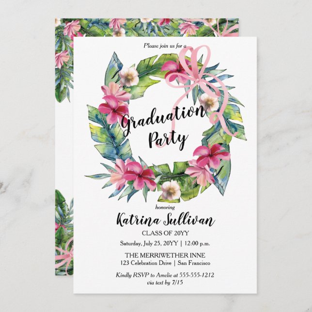 Boho Tropical Leaves | Floral Graduation Party Invitation (Front/Back)