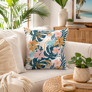 Boho Tropical Leaves Flowers Cushion