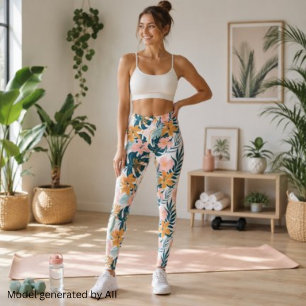 Boho Tropical Leaves Flowers Leggings
