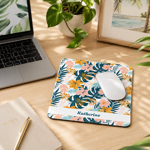 Boho Tropical Leaves Flowers Mouse Pad