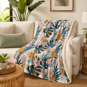 Boho Tropical Leaves Flowers Sherpa Blanket