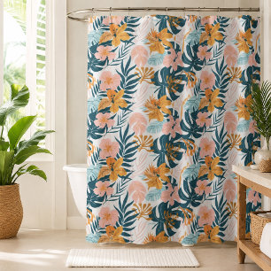 Boho Tropical Leaves Flowers Shower Curtain