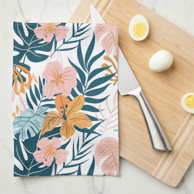 Boho Tropical Leaves Flowers Tea Towel (Quarter Fold)