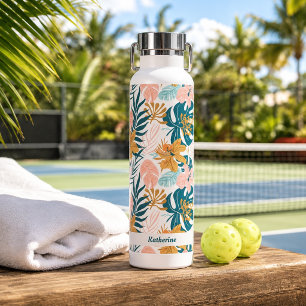 Boho Tropical Leaves Flowers Water Bottle