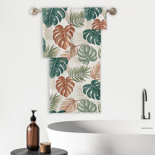 Boho Tropical Leaves Pattern Rust Green Beige Bath Towel Set