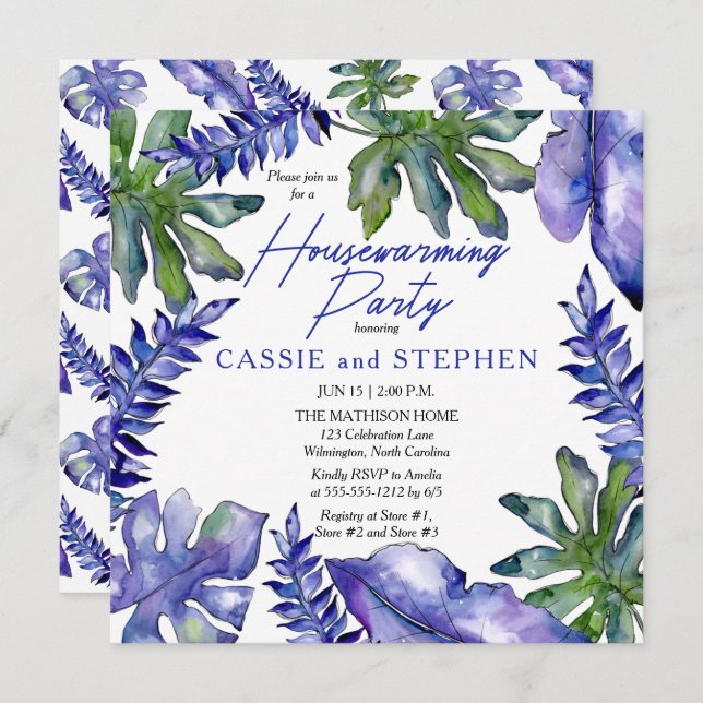 Boho Tropical Leaves Purple Housewarming Party Invitation (Front/Back)