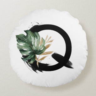 Boho Tropical Monstera Leaf Letter Q Monogram Round Cushion
