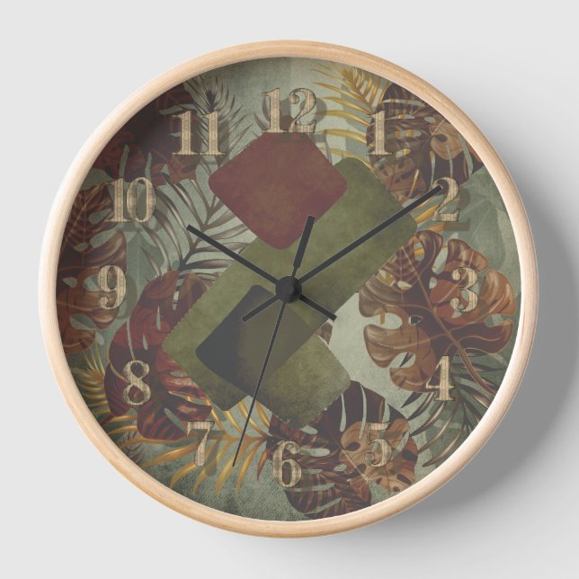 Boho tropical monstera palm leaf 70's green brown clock (Front)