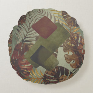 Boho tropical monstera palm leaf 70's summer  thr round cushion