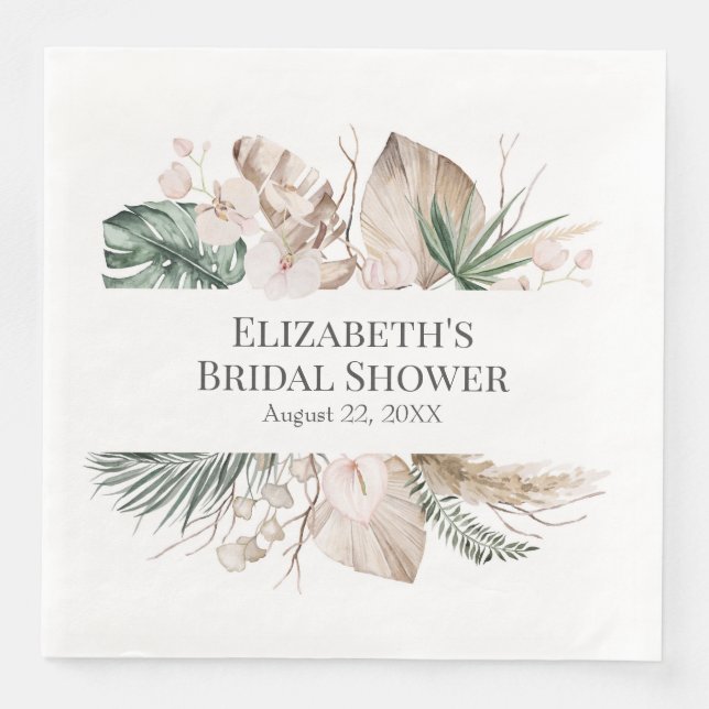 Boho Tropical Orchid and Monstera Paper Napkin (Front)
