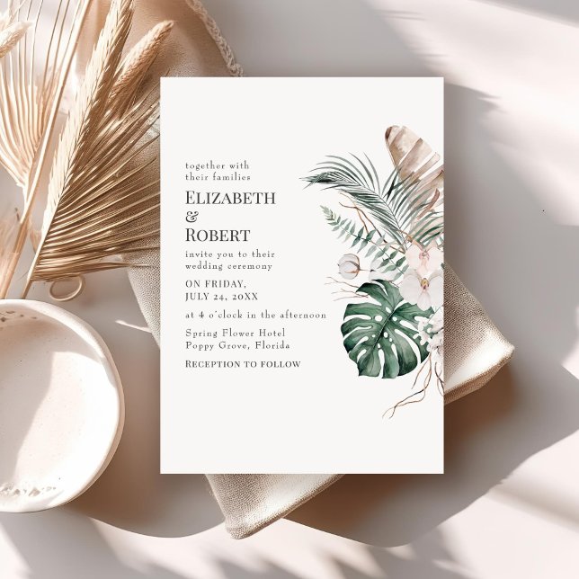 Boho Tropical Orchid and Monstera Wedding Invitation (Boho Tropical Orchid and Monstera Wedding Invitation on neutral boho table.)