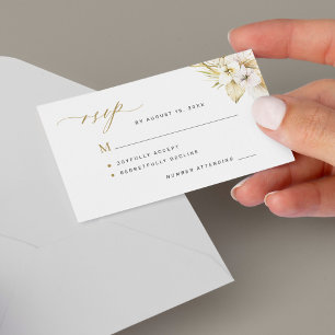 Boho tropical orhid gold script wedding RSVP Card