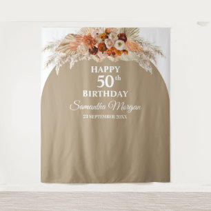 Boho tropical pampas grass palm birthday backdrop tapestry