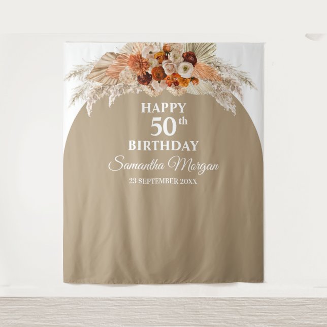 Boho tropical pampas grass palm birthday backdrop tapestry (Front)