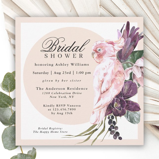 Boho Tropical Pink Parrot Floral Bridal Shower Invitation (Creator Uploaded)