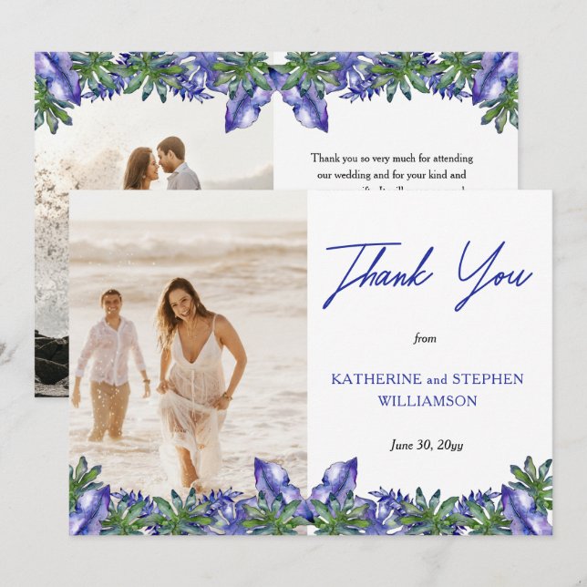 Boho Tropical Purple | Green Wedding Photo Thank Y You Card (Front/Back)