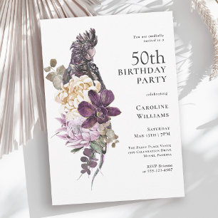 Boho Tropical Purple Parrot 50th Birthday Invitation