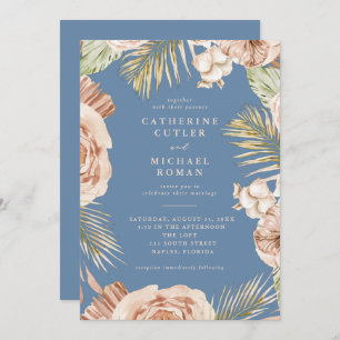 Boho Tropical Roses Dusty Blue Wedding Invitation
