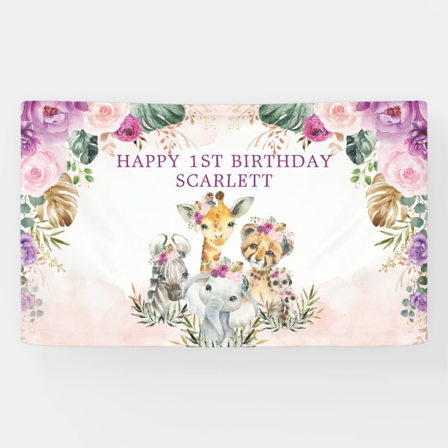 Boho Tropical Safari Jungle Floral Happy Birthday Banner (Horizontal)