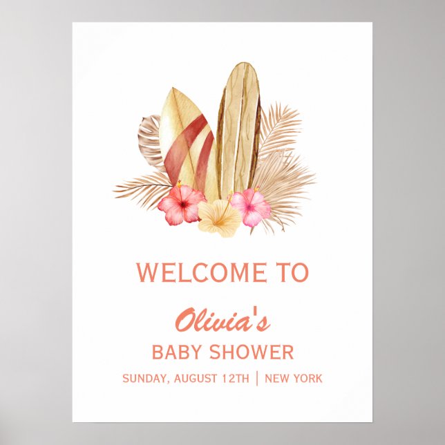 Boho Tropical SurfIng Baby Shower Welcome Poster (Front)