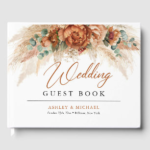 Boho tropical terracotta floral pampas wedding guest book