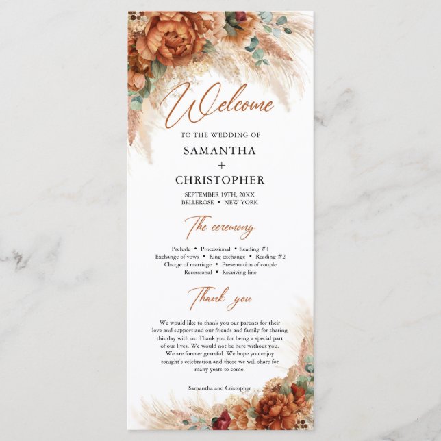 Boho tropical terracotta pampas eucalyptus wedding program (Front)