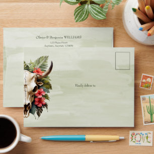 Boho Tropical Watercolor Floral Cow Skull Wedding Envelope