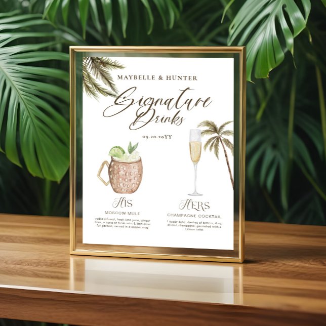 Boho Tropical Watercolor Signature Drinks Wedding Poster (Boho Tropical Watercolor Signature Drinks Wedding Acrylic Sign)