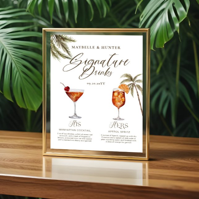 Boho Tropical Watercolor Signature Drinks Wedding  Poster (Boho Tropical Watercolor Signature Drinks Wedding Poster)