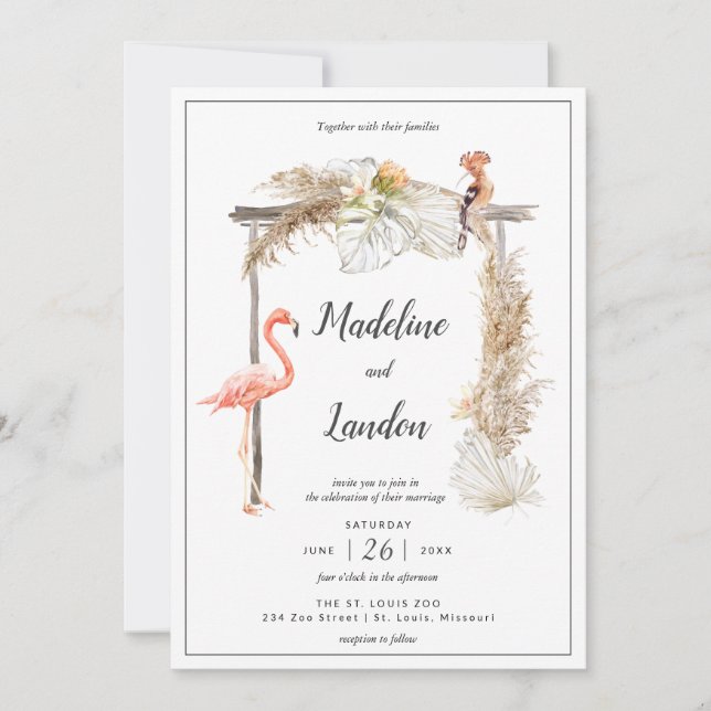Boho Tropical Zoo Wedding Destination Invitation (Front)