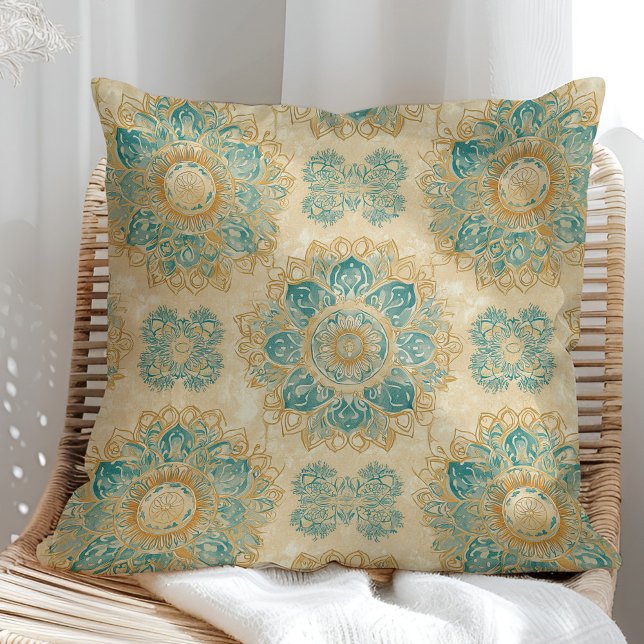 Boho Turquoise and Sand Beige Mandala Cushion (Boho Turquoise and Sand Beige Mandala Throw Pillow on a sunny boho rattan chair.)