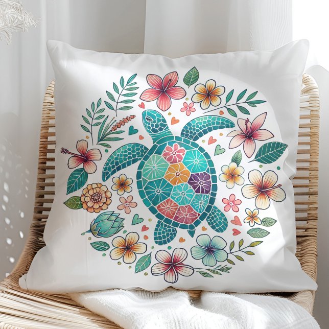 Boho Turquoise Floral Sea Turtle - Coastal  Cushion (Boho Turquoise Floral Sea Turtle - Coastal Throw Pillow on a sunny boho rattan chair.)