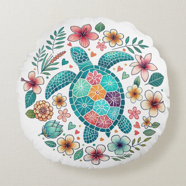 Boho Turquoise Floral Sea Turtle - Coastal Round Cushion (Front)