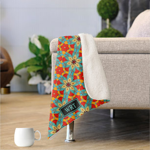 Boho Turquoise Flower Retro Glass Tiles Lovely Sherpa Blanket