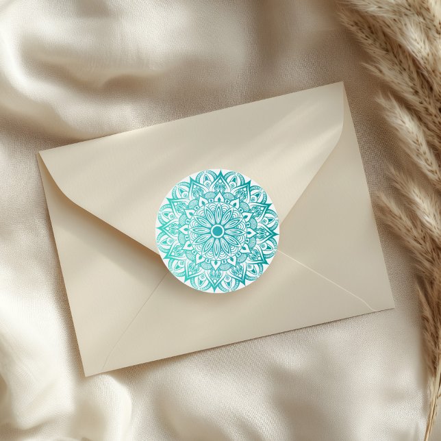 Boho Turquoise Mandala Classic Round Sticker (Boho Turquoise Mandala Classic Round Sticker on an elegant envelope.)