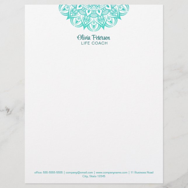 Boho Turquoise Mandala Life Coach Custom Letterhead (Front)