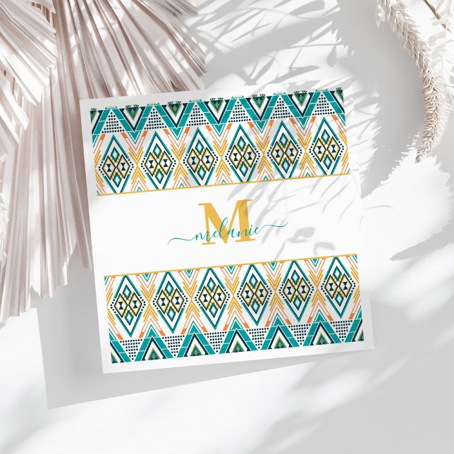 Boho Turquoise Mustard Tribal Diamond Monogram Napkin (Boho Turquoise Mustard Tribal Diamond Monogram Napkins on a sunny white table.)