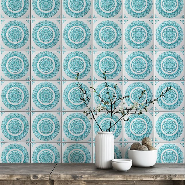 Boho Turquoise teal blue Mandala flower Ceramic Tile (Creator Uploaded)
